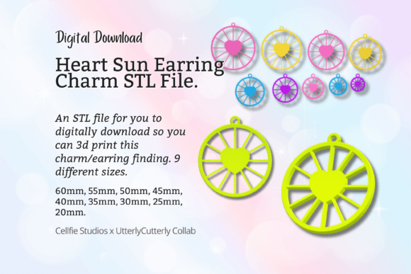 Heart Sun Earring Charm STL File - Digital